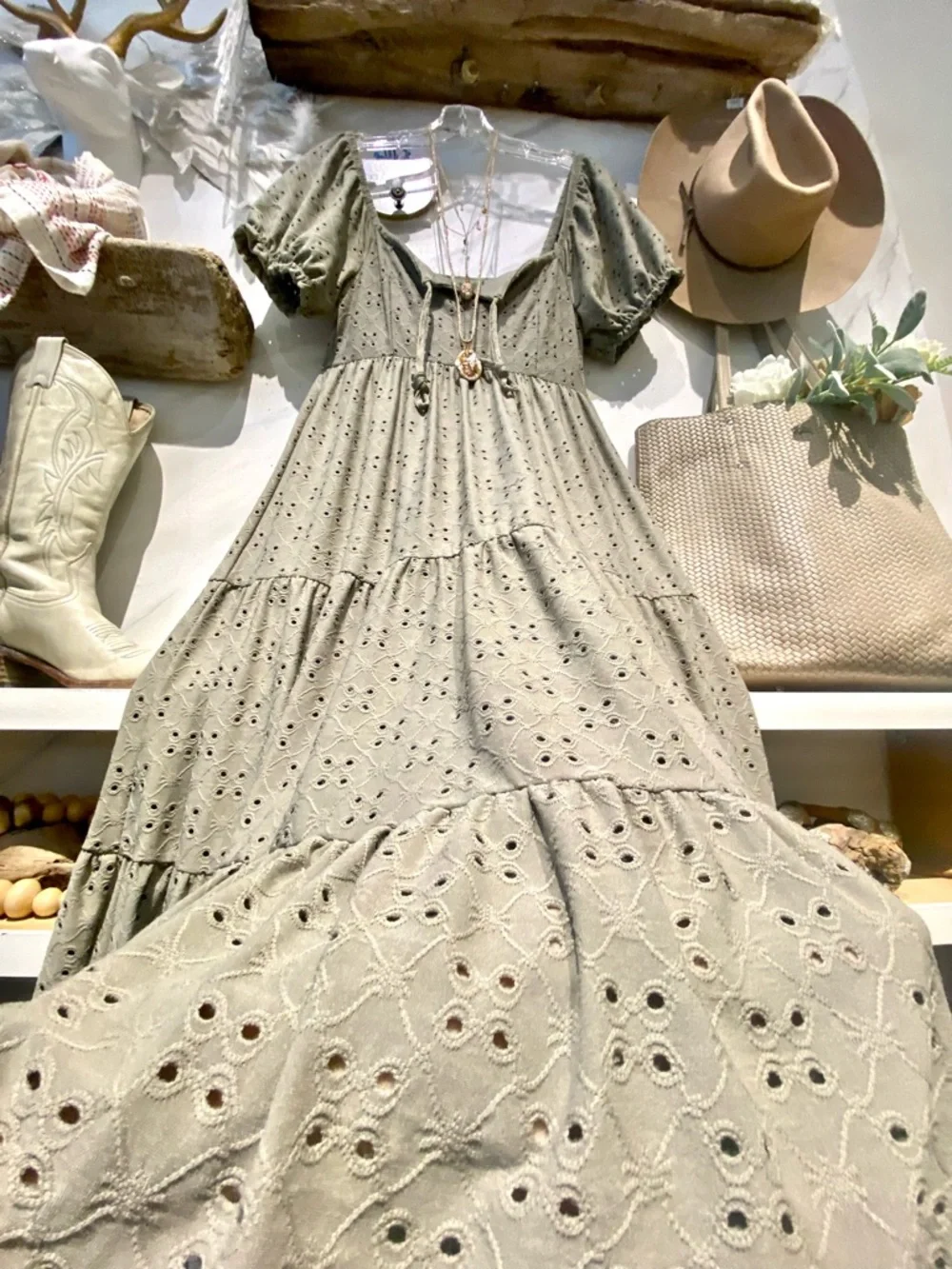 Sage green Farmhouse/prairie boho tiered dress shabby chic Country peasant vibe - Picture 5 of 12